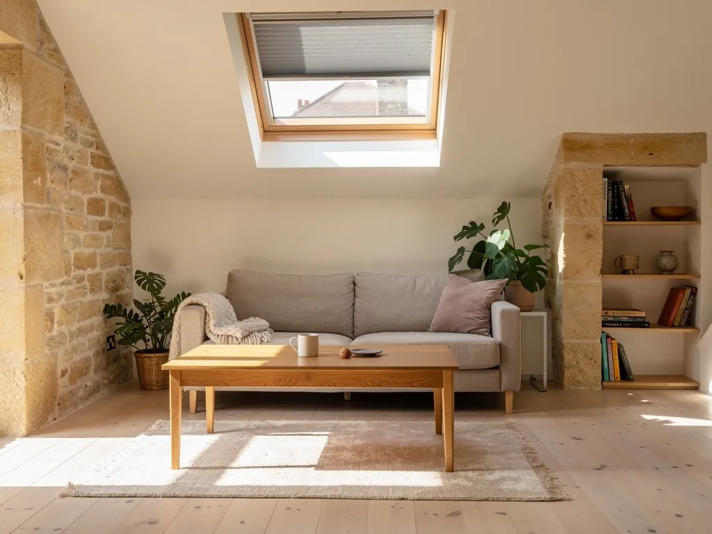 Afternoon sunshine through a rooflight with solar control glass and a blind half drawn
