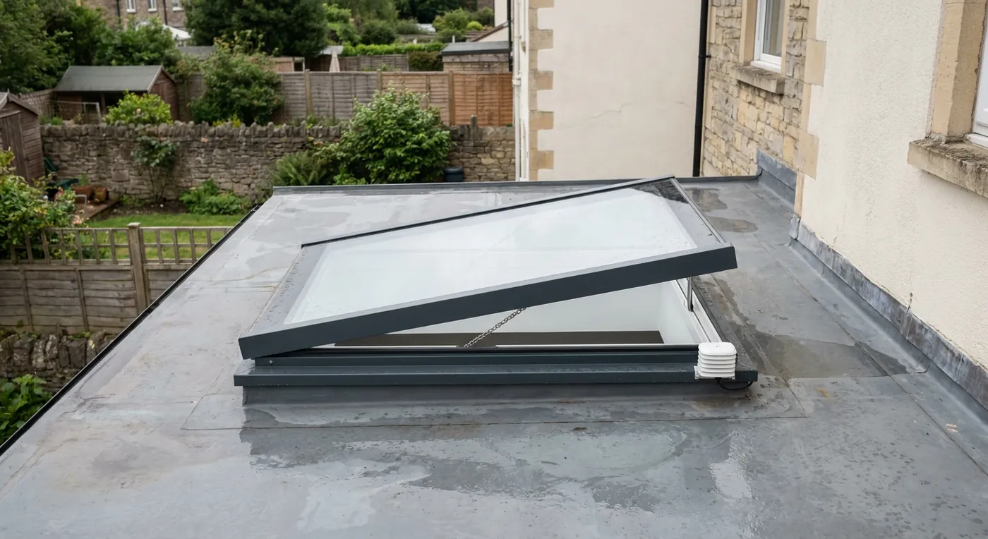 An electric flat rooflight open above a kitchen