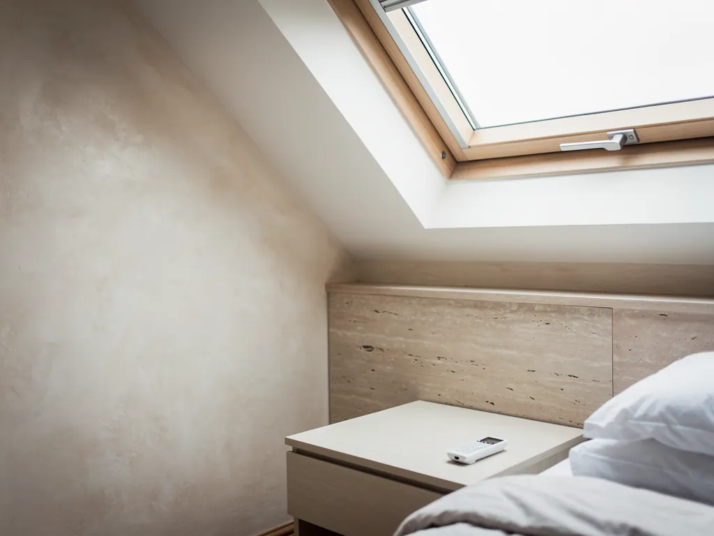 A remote control on a bedside table under a roof window