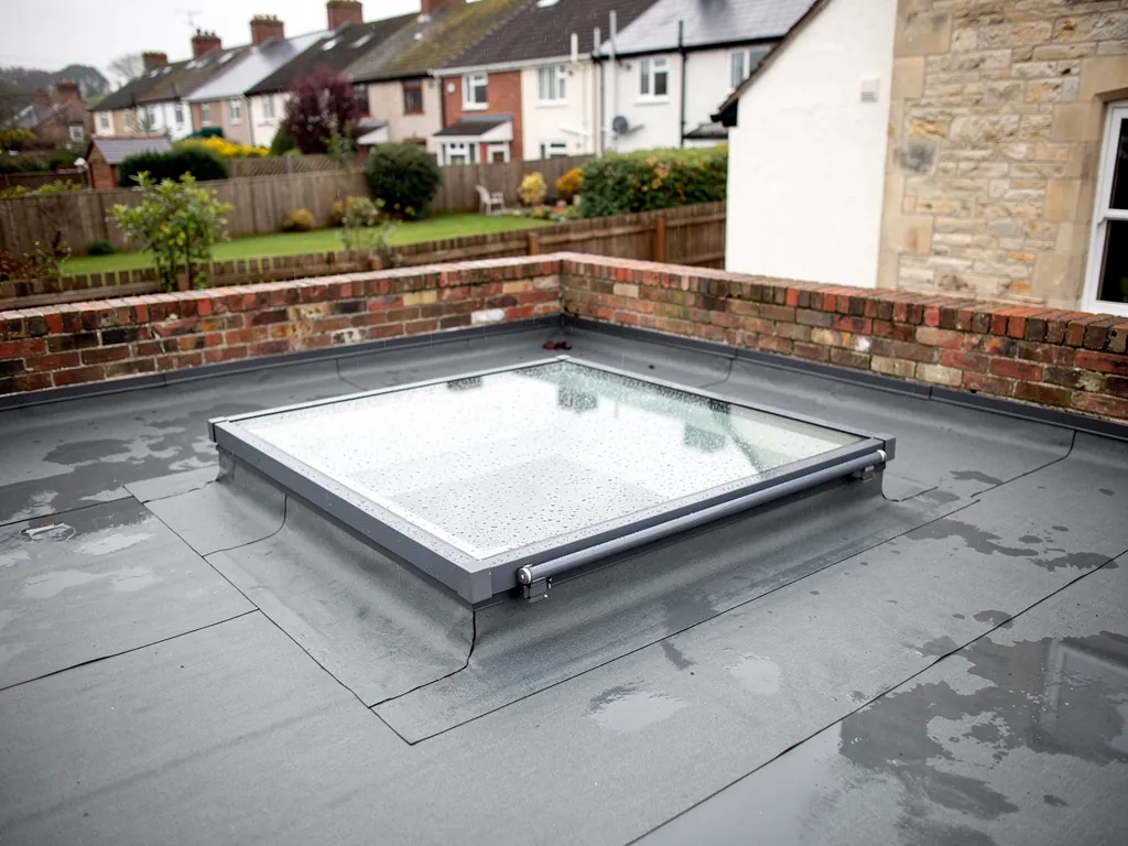 An opening flat rooflight closed on its finished kerb on a membrane roof