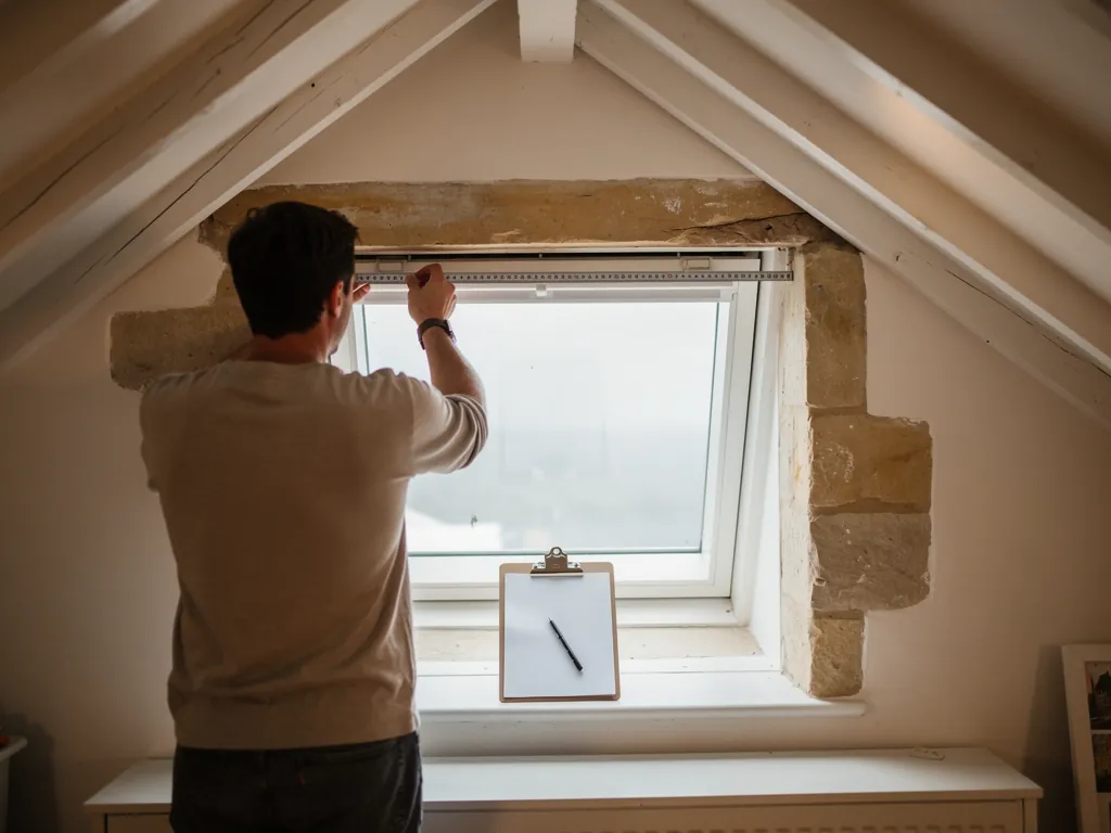 A surveyor measuring a window opening in a loft room for a quote
