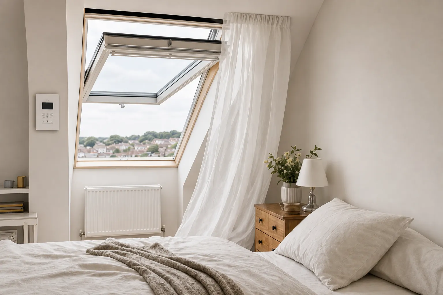 A loft bedroom with an electric roof window open and a small wall keypad beside it