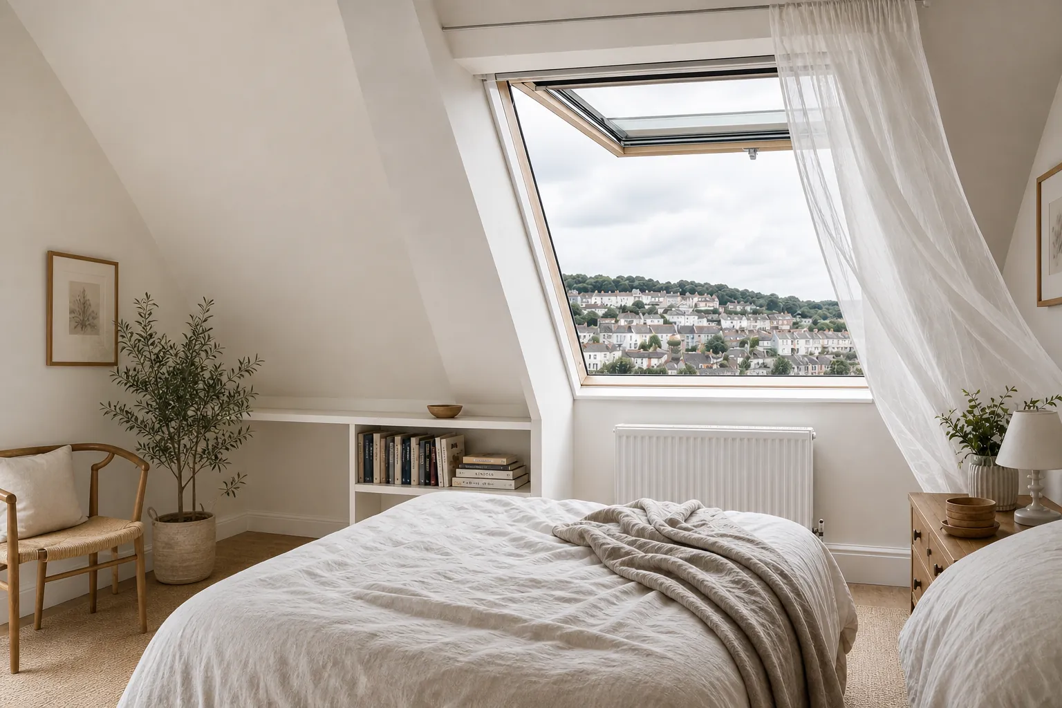 A loft bedroom in Bristol with a roof window tilted open and a curtain lifting in the breeze