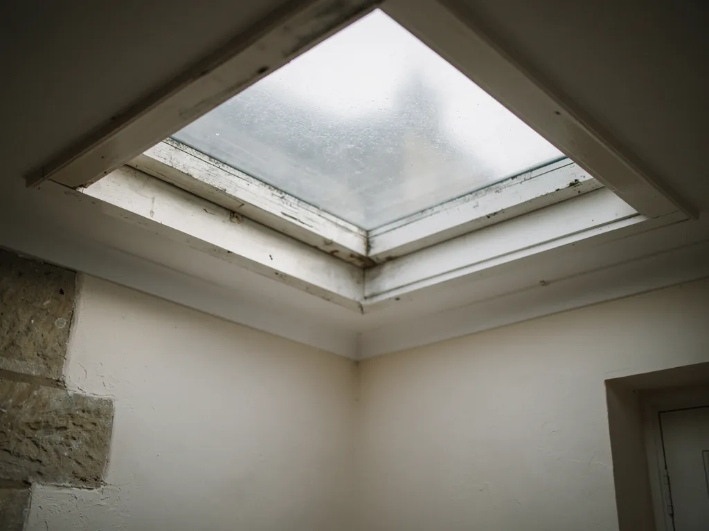 A misted double-glazed rooflight with fog between the panes