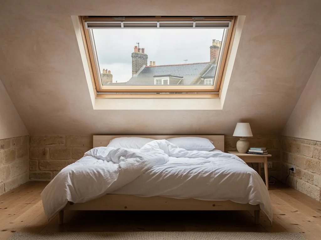 A top-hung roof window open in a loft bedroom