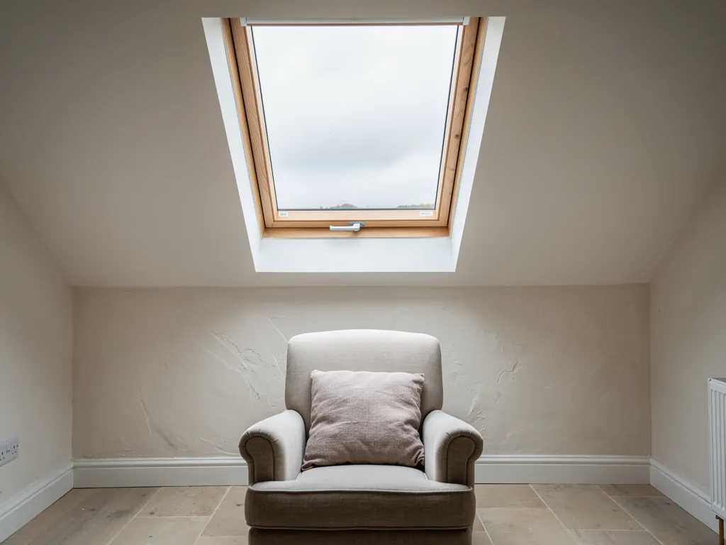 A pine roof window in a bright loft room