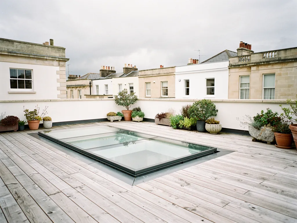 A walk-on rooflight set into a roof terrace