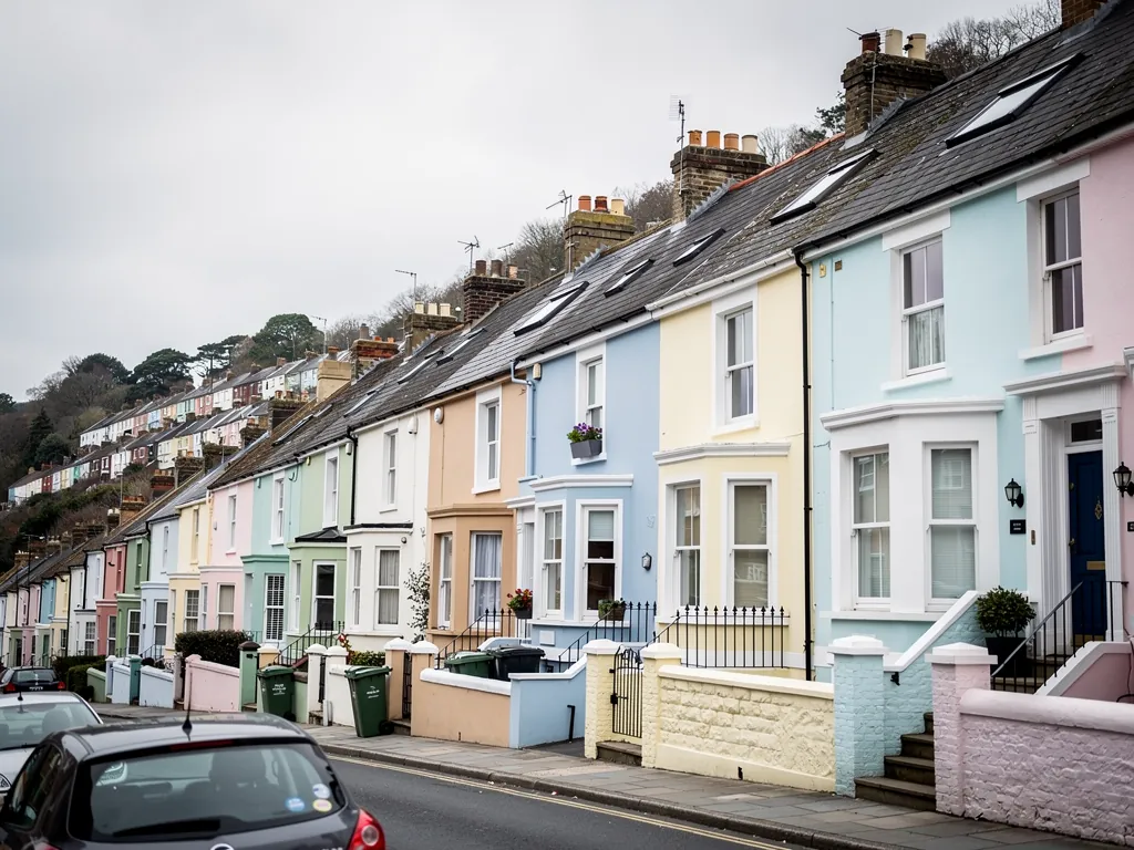 Pastel terraced houses climbing a Bristol hillside, several with roof windows