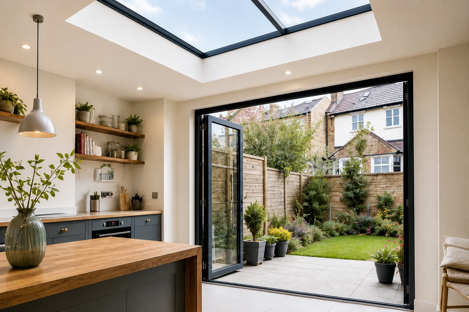 A kitchen extension on a Victorian terrace with a large rooflight overhead and doors open to the garden