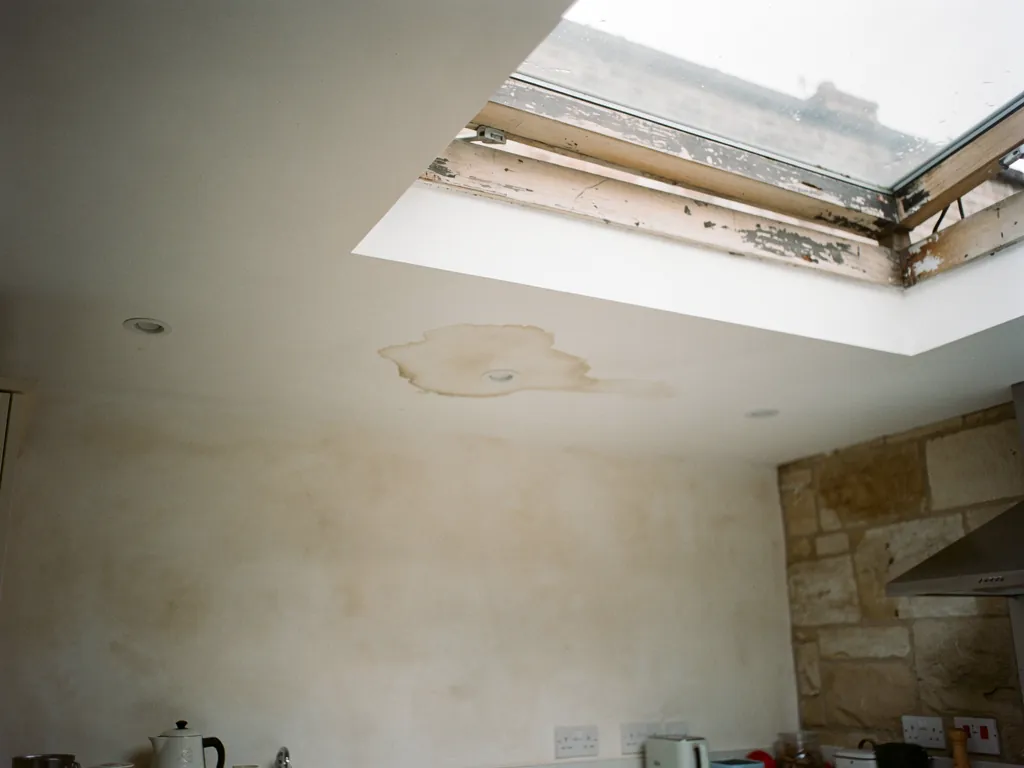 A water mark on the ceiling below an old rooflight