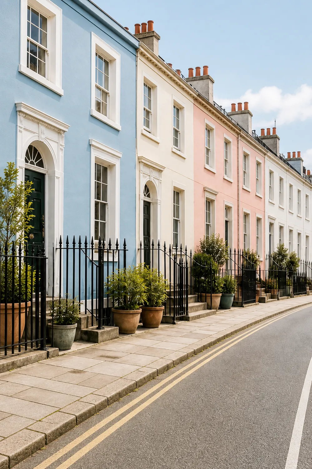 Pastel-painted Georgian terraced houses with iron railings on a Bristol street