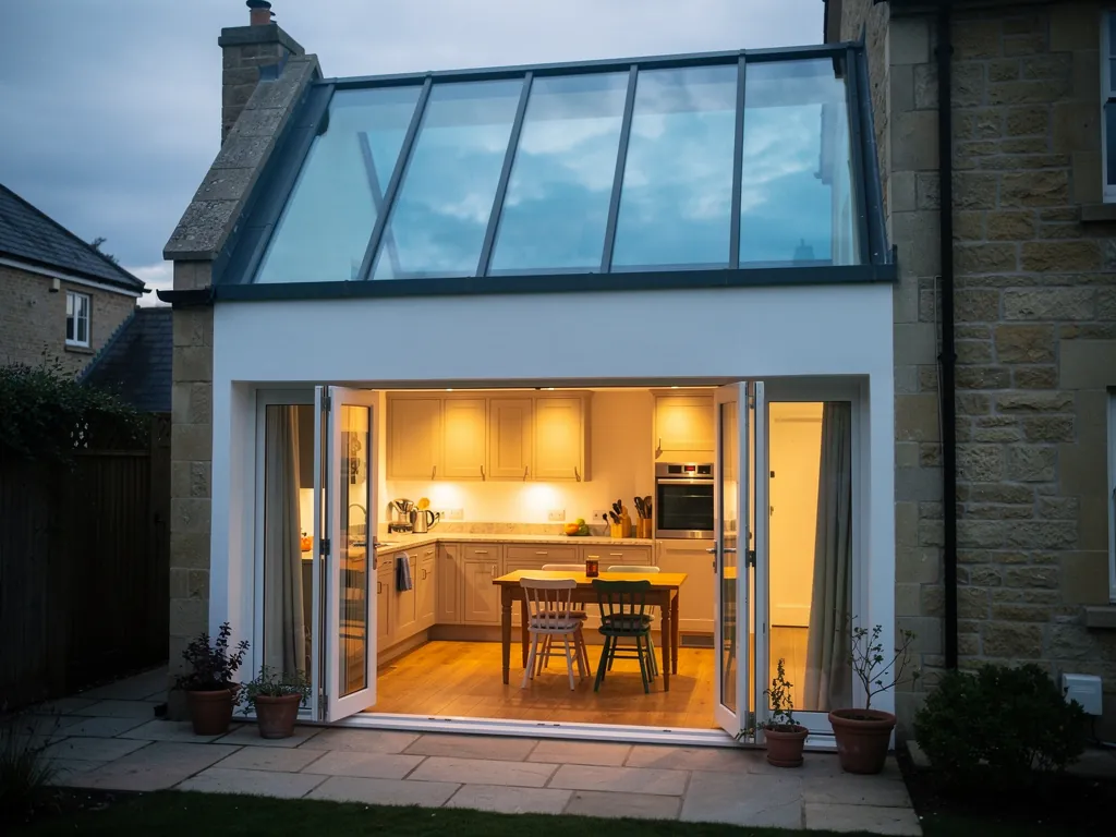A kitchen extension under a roof lantern in the evening