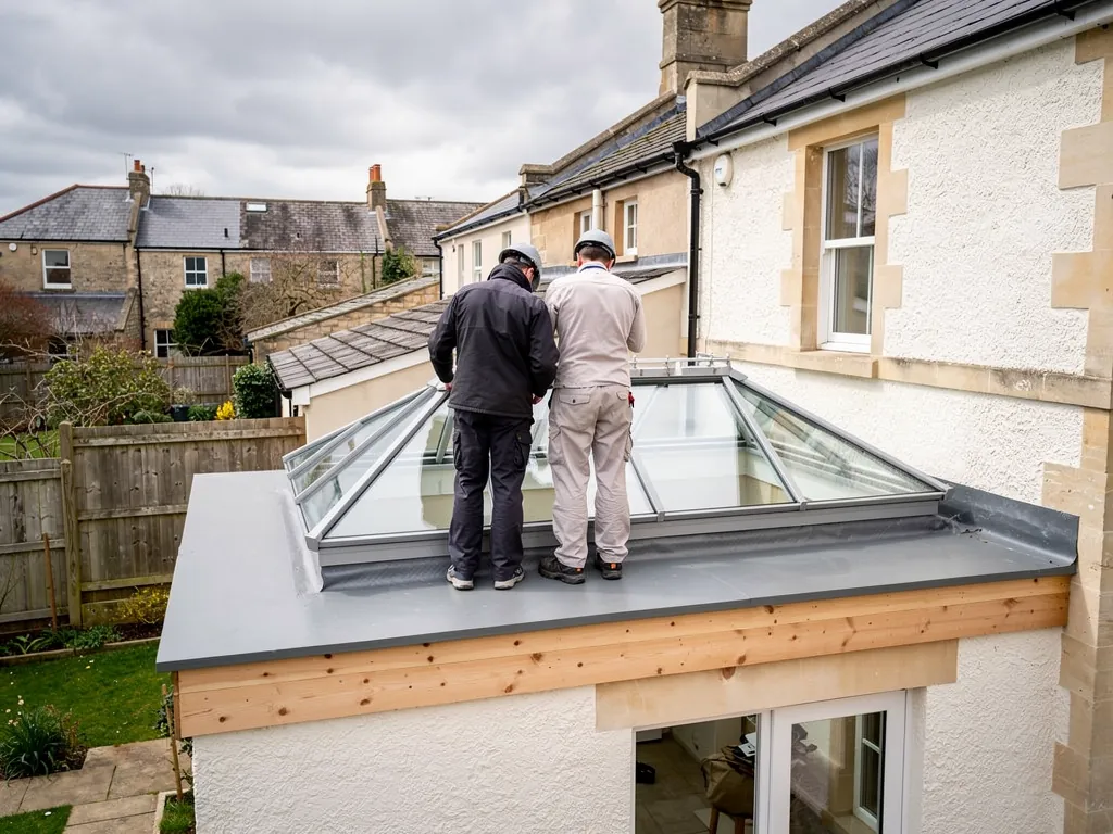 Two roofers checking a newly fitted roof lantern on its upstand on an existing extension roof