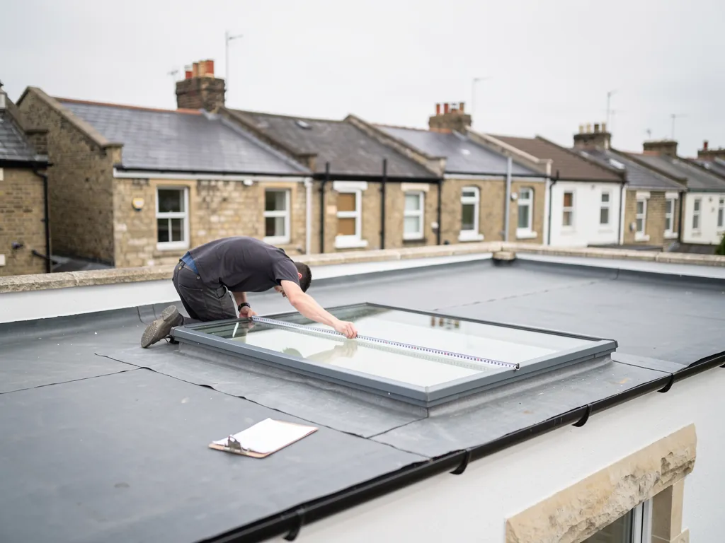 A surveyor measuring an existing flat rooflight on an extension roof