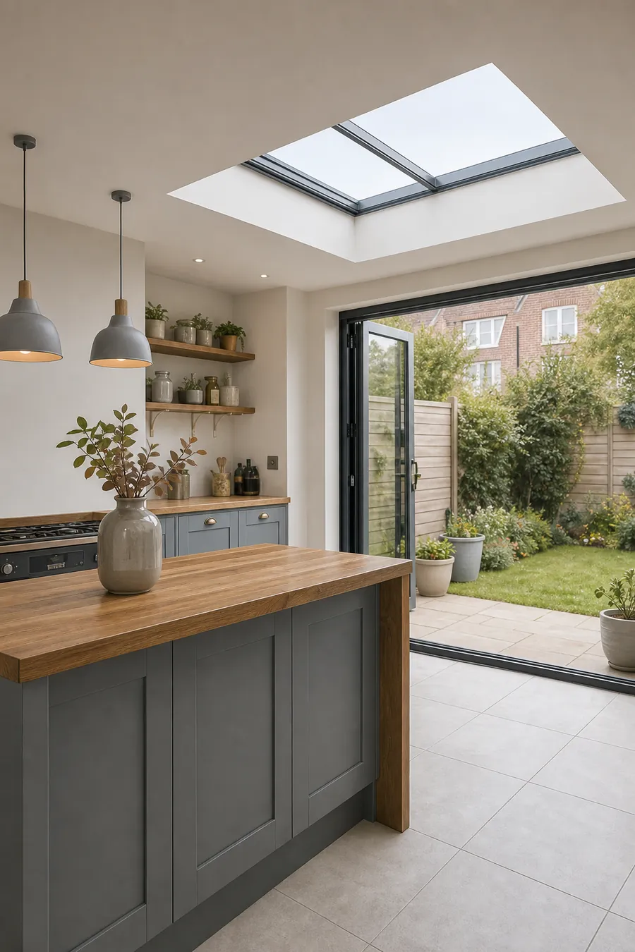 A kitchen extension with a flat rooflight and garden doors open