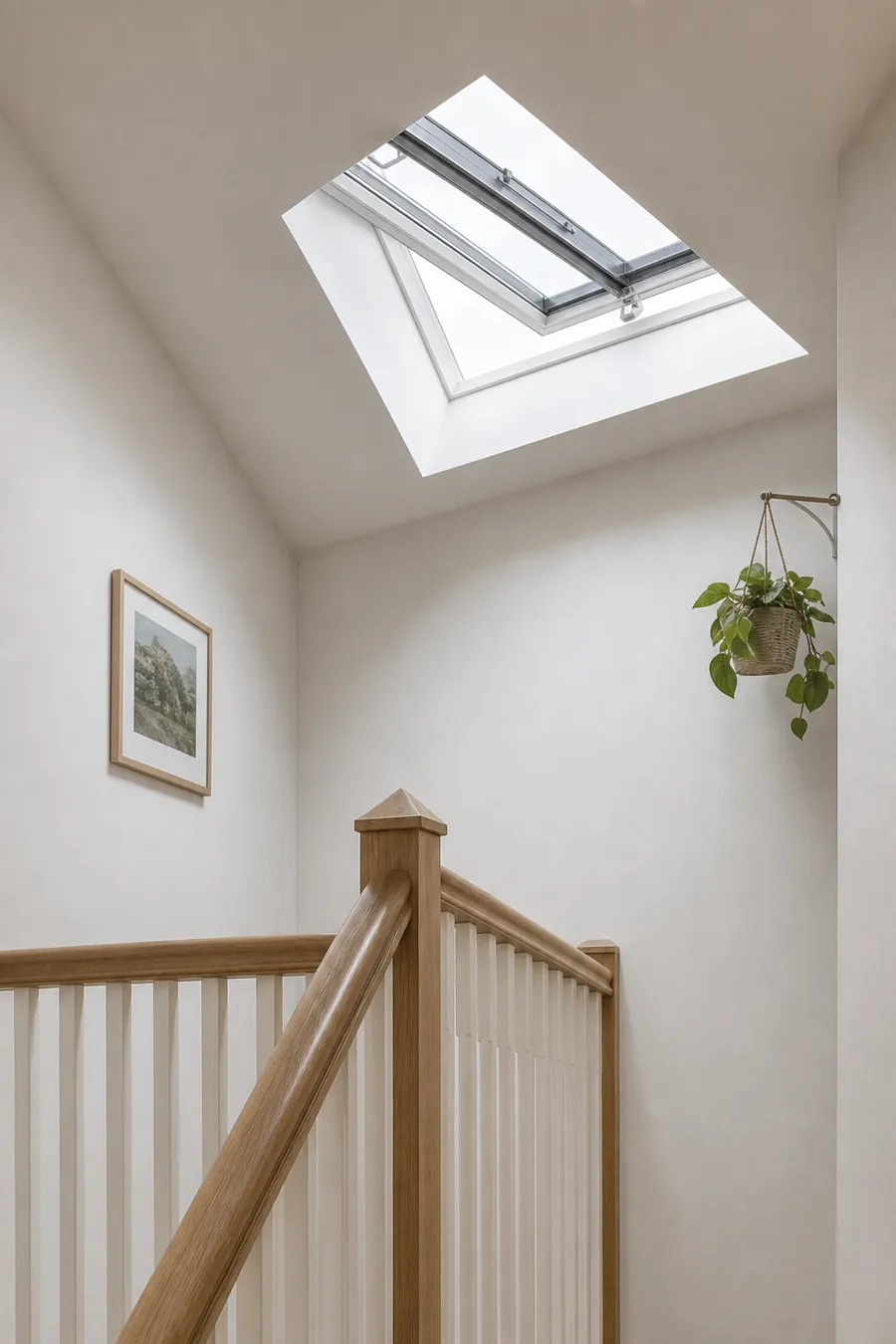 A top landing with a rooflight open above the stairs