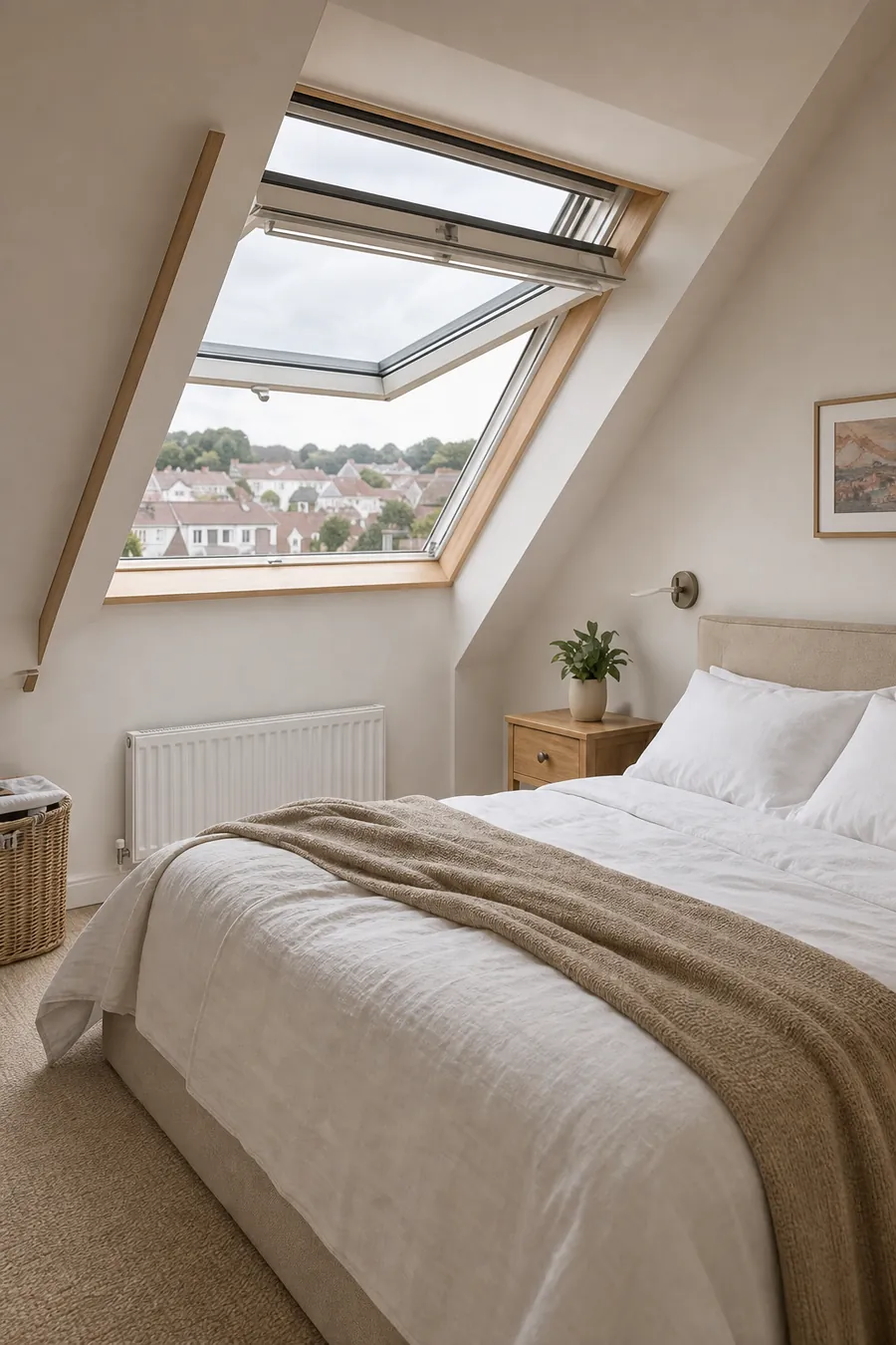 A loft bedroom with a roof window open above the bed