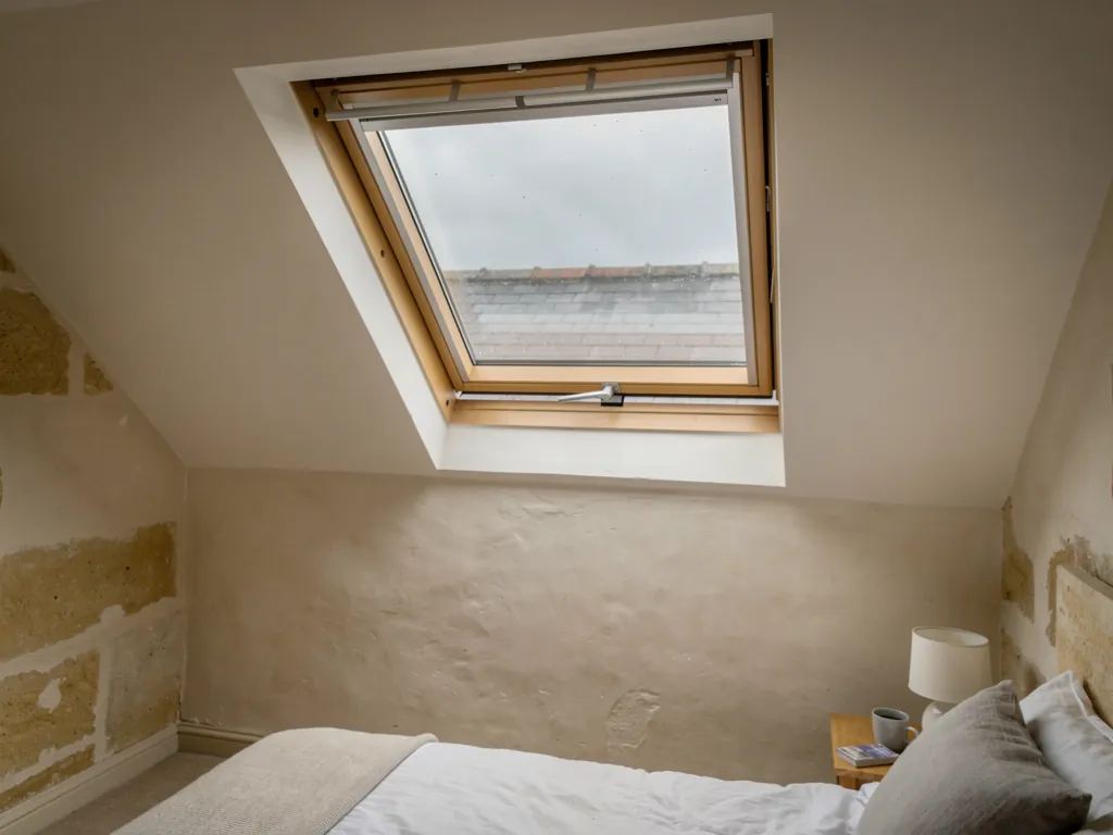 A centre-pivot roof window turned for cleaning