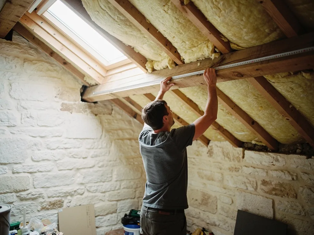A loft slope being measured between the rafters for a roof window