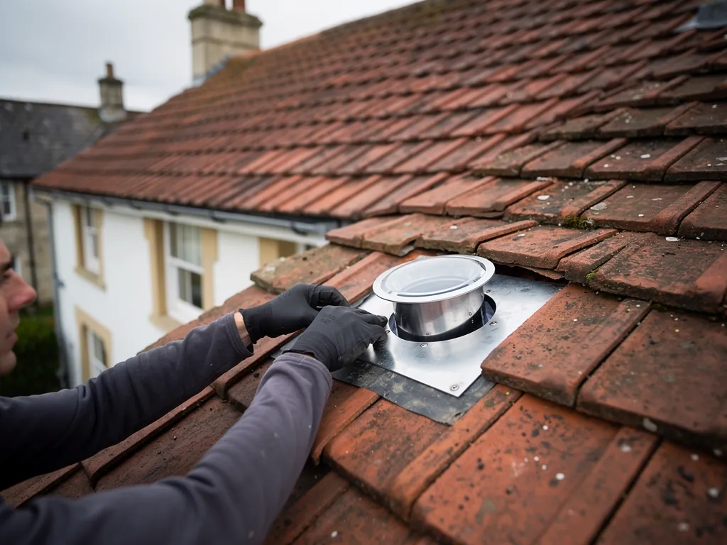 A sun tunnel dome and its flashing collar being fitted into a tiled roof