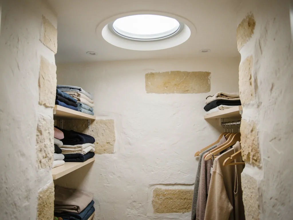 A sun tunnel diffuser in a walk-in wardrobe