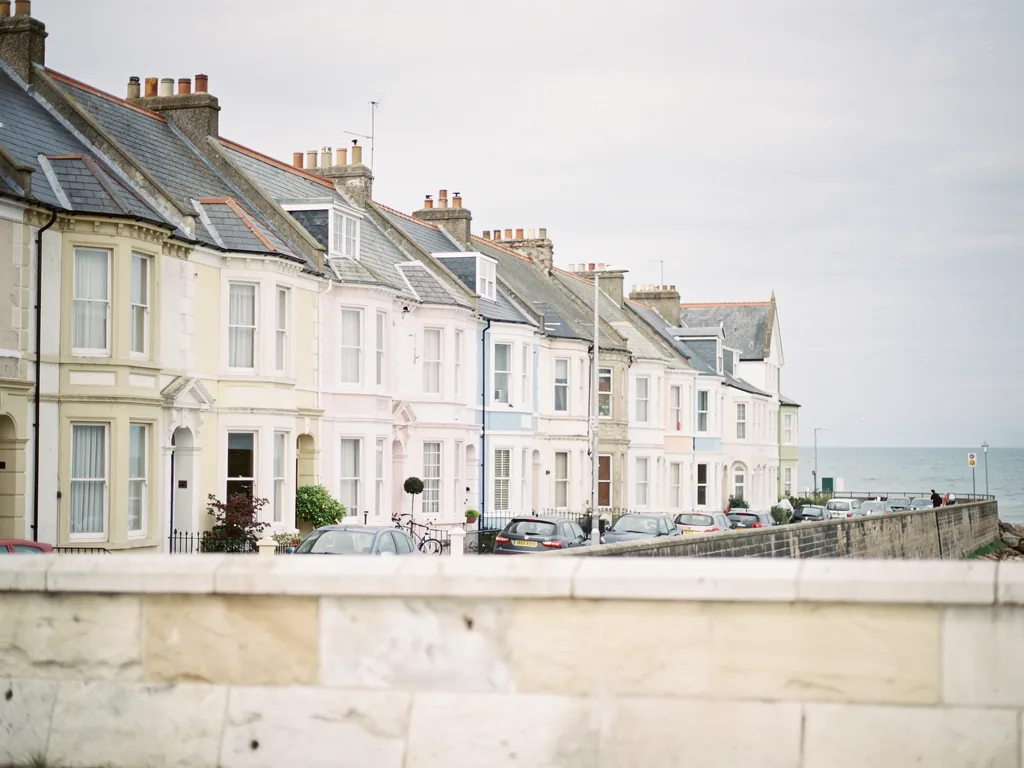 Painted houses on a coastal street in North Somerset