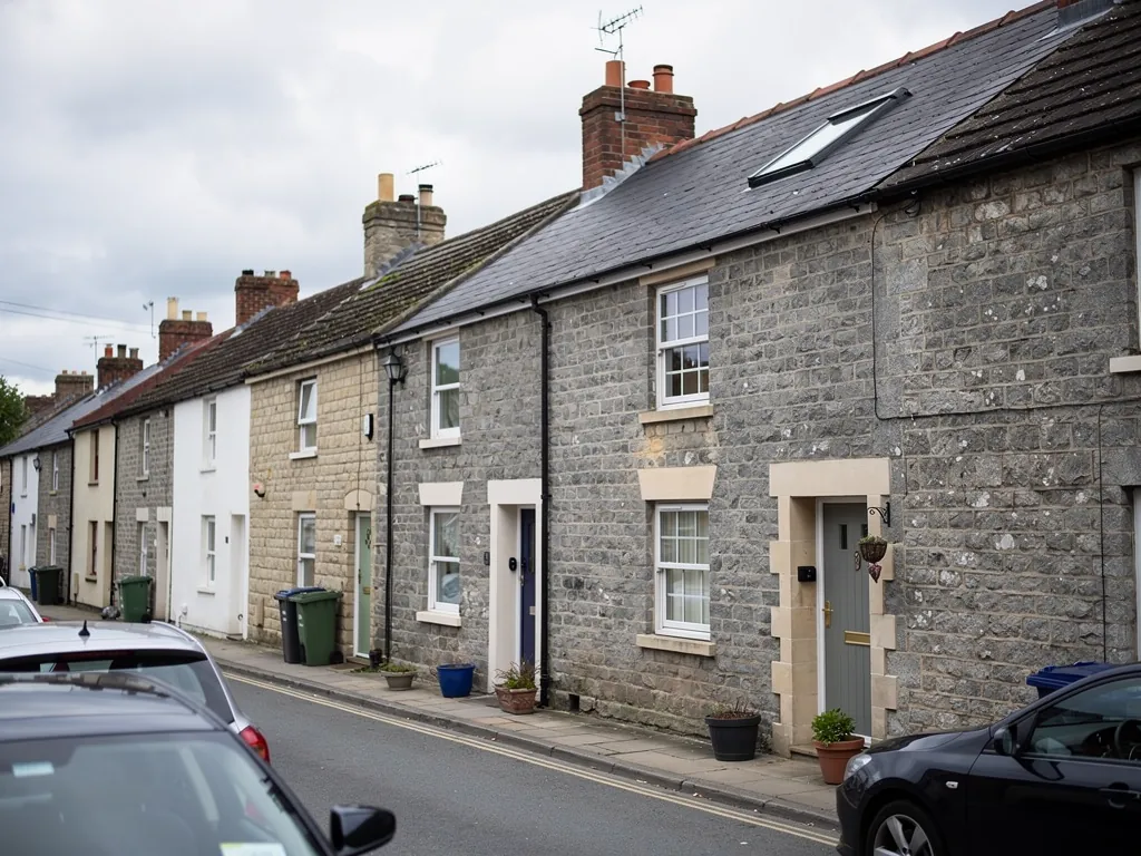 Pennant stone terraced houses on a south Gloucestershire street
