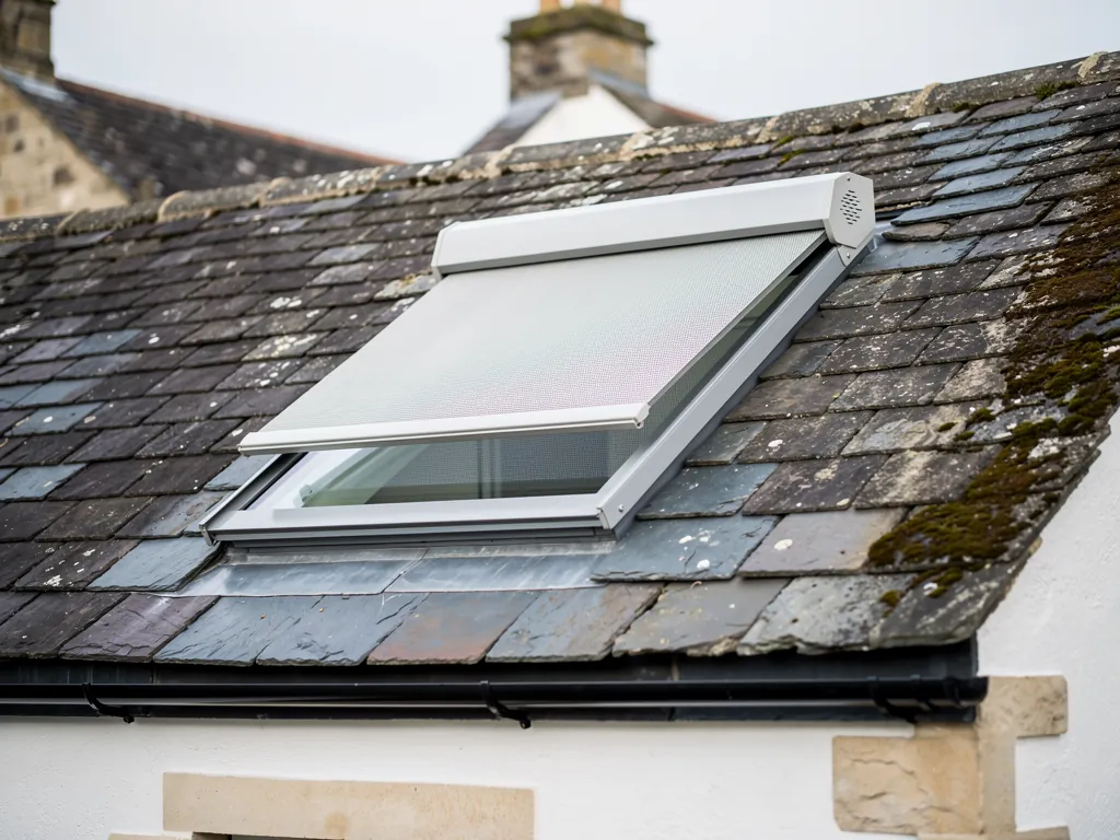 An external awning blind on a roof window