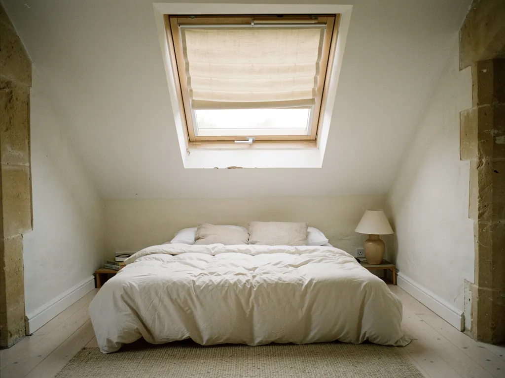 A pleated blind drawn halfway across a roof window in a loft bedroom