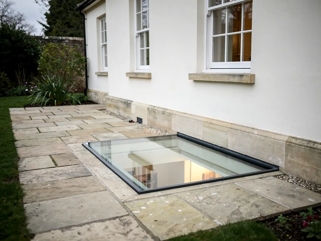 A walk-on glass rooflight lighting a basement